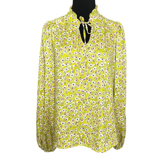 Cupcakes and Cashmere Lime Green Ditsy Floral Peasant Blouse Ruffle Collar Sz S - Picture 1 of 11